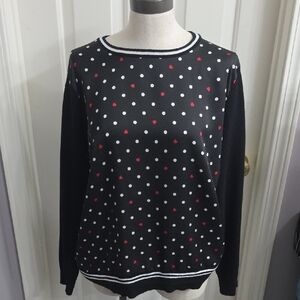 Black Polka Dot Crewneck Sweater with Red Heart Accents